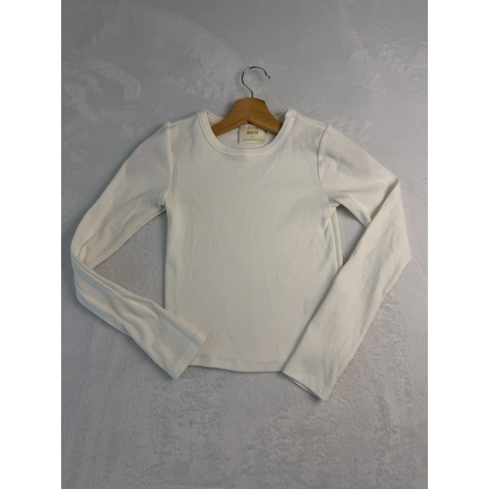 Anthropologie Maeve Layering White Long Sleeve Crewneck T Shirt Crop Top Sz XS